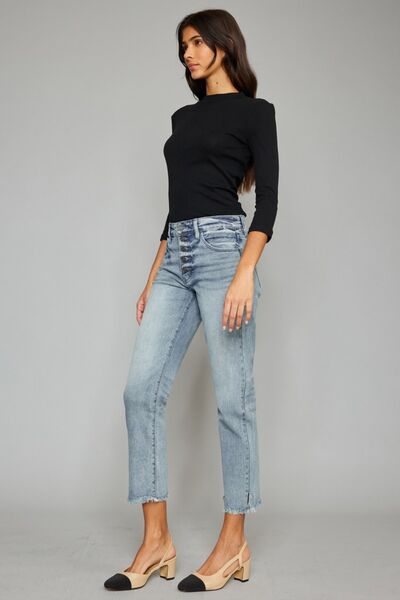 swvws Kancan High Waist Button Fly Raw Hem Cropped Straight Jeans