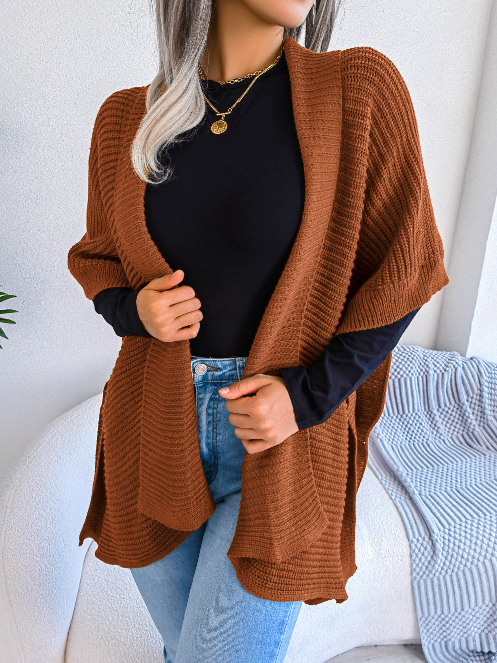 swvws Horizontal Ribbing Open Front Slit Cardigan