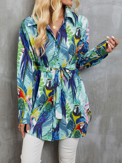 swvws Slit Tied Printed Button Up Long Sleeve Shirt