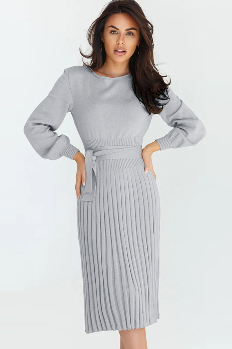 swvws Round Neck Long Sleeve Pleated Sweater Dress