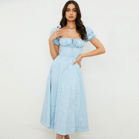 Sixsr Daisy Printed Puff Sleeve High Slit Smock Maxi Sundress - Sky Blue