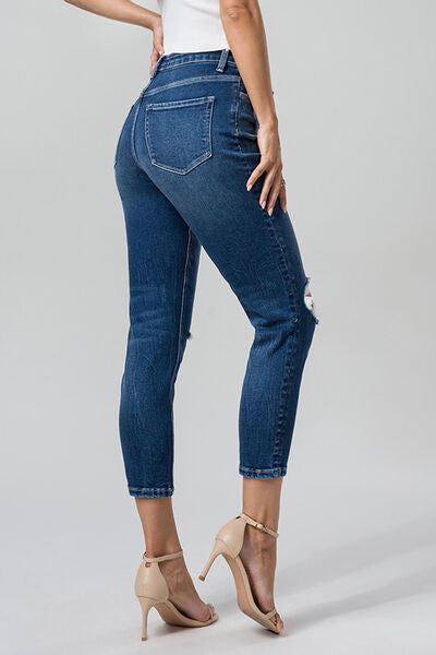 swvws BAYEAS Full Size High Waist Distressed Washed Cropped Mom Jeans