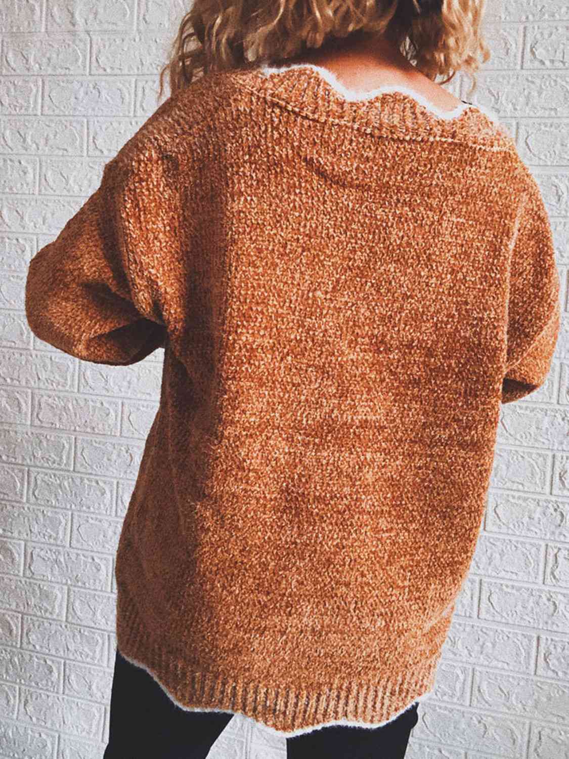 swvws Notched Dropped Shoulder Long Sleeve Sweater