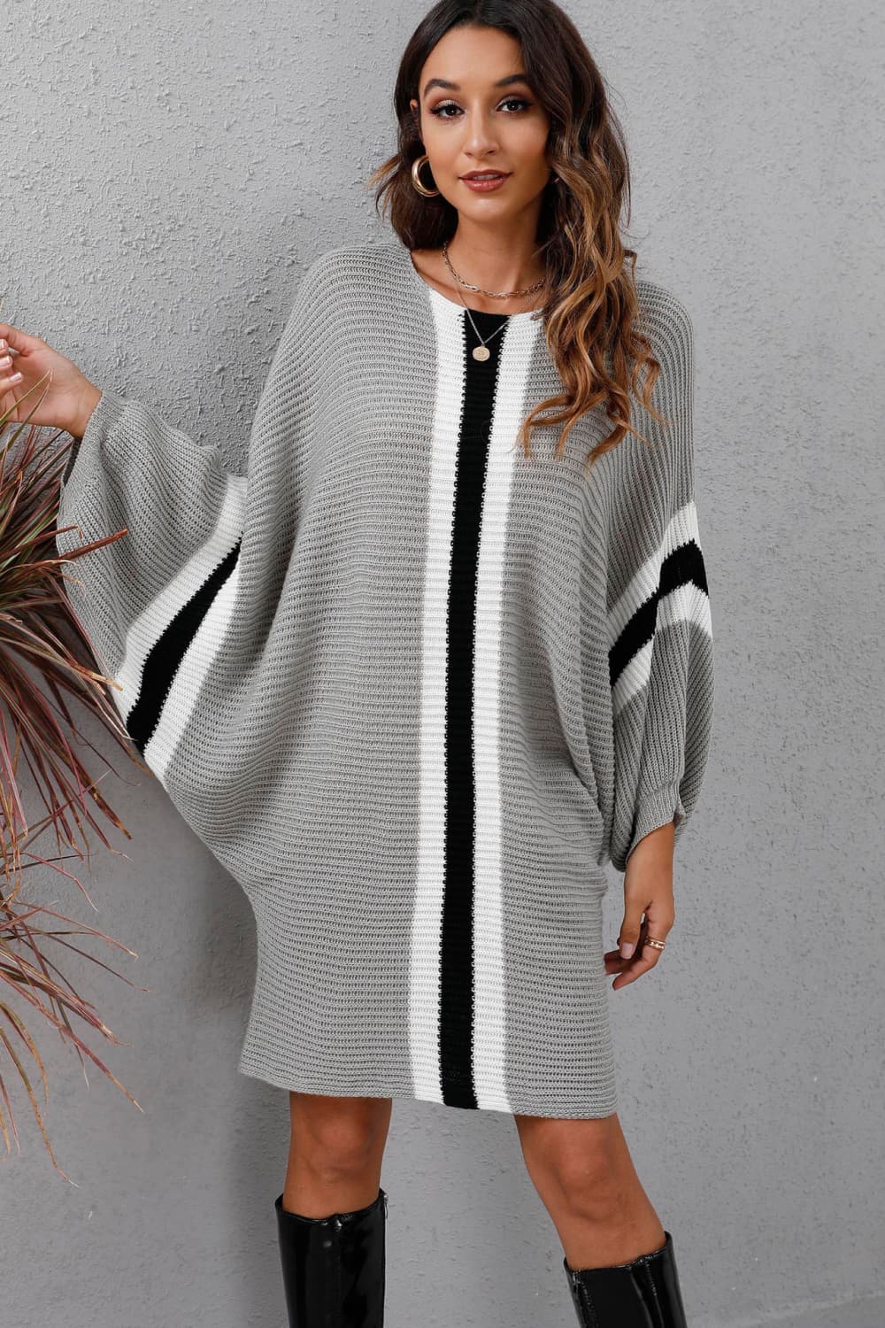 swvws Ribbed Round Neck Long Sleeve Sweater Dress