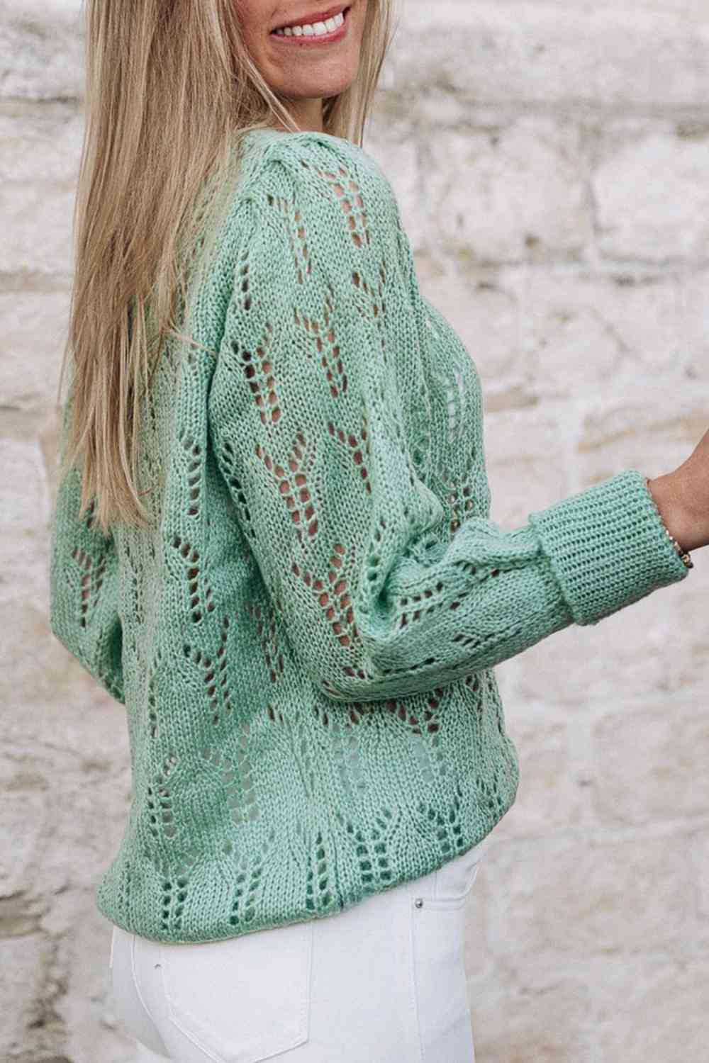 swvws Full Size Openwork Round Neck Knit Top