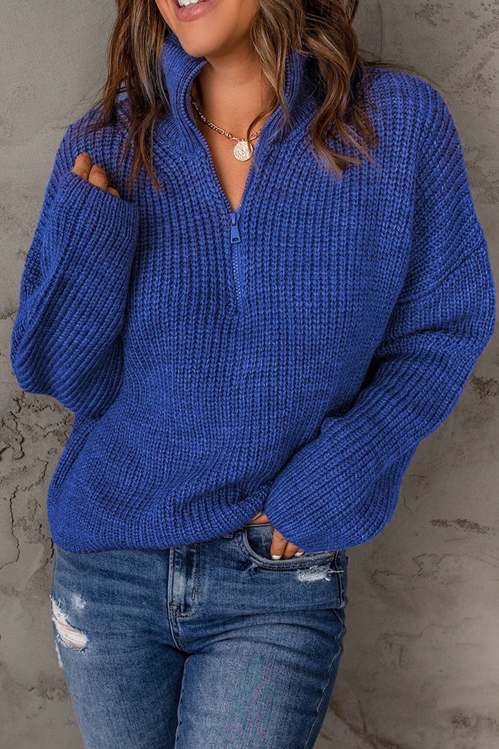 swvws Half Zip Rib-Knit Dropped Shoulder Sweater