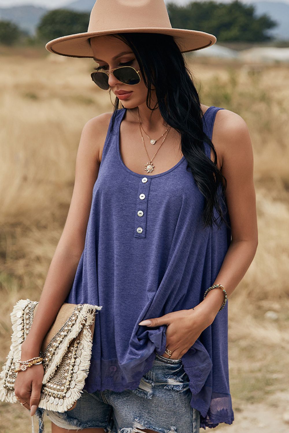 swvws Lace Trim Button Detail Tank Top