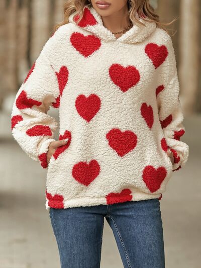 swvws Fuzzy Heart Pocketed Dropped Shoulder Hoodie