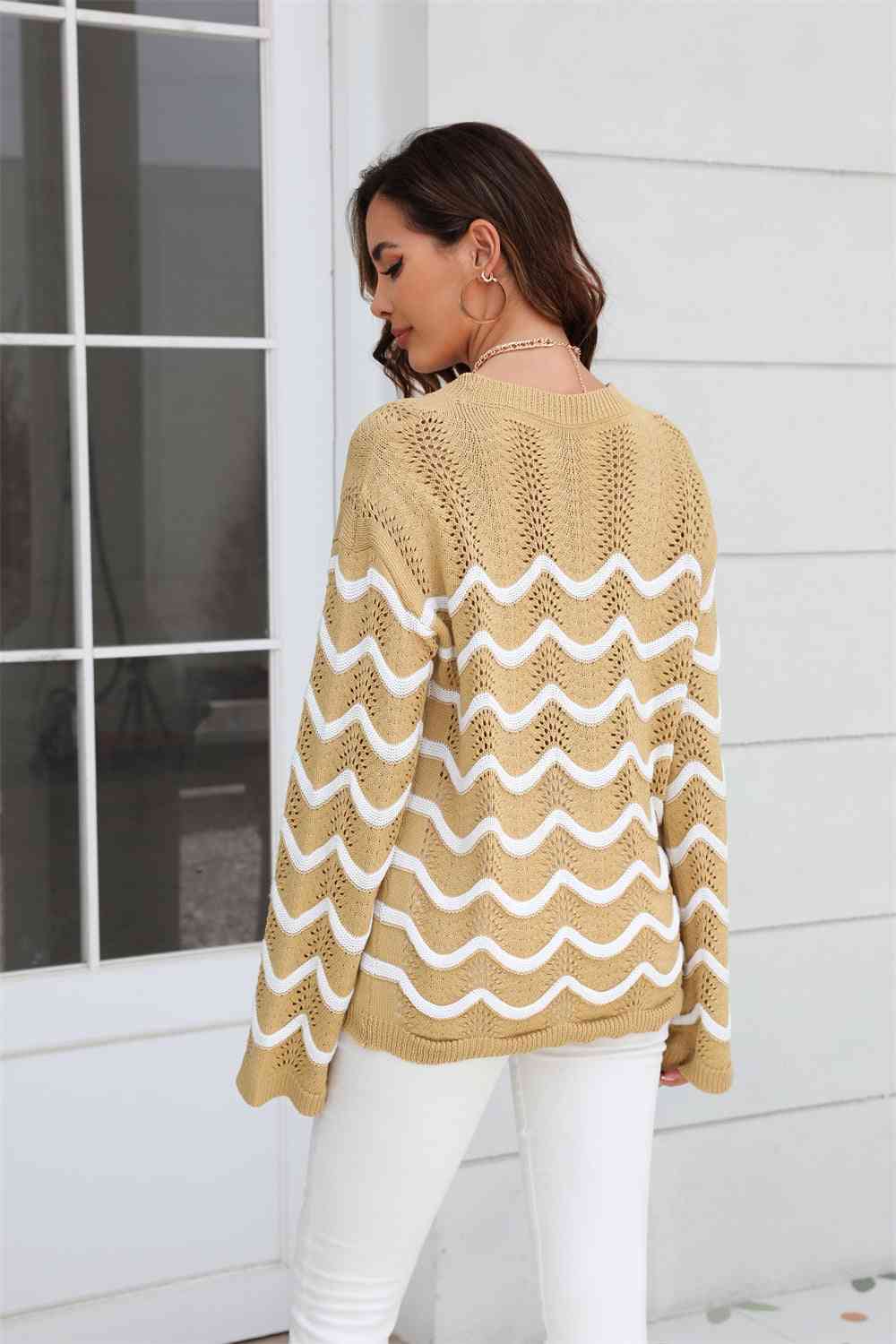 swvws Wave Pattern Round Neck Long Sleeve Sweater