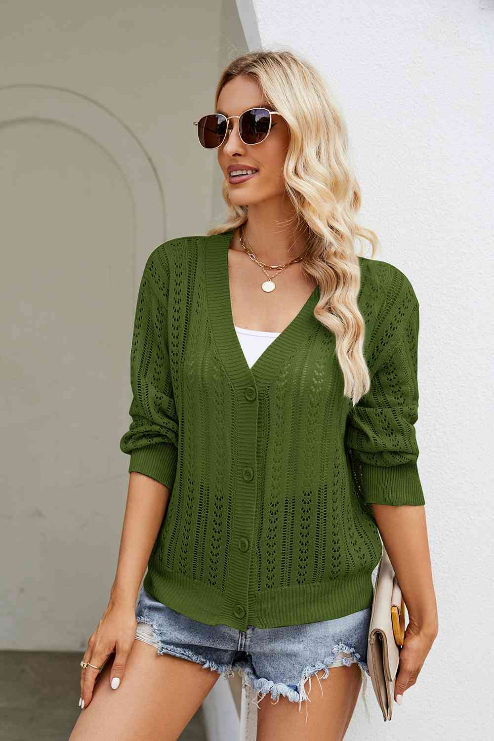 swvws Openwork Button Front V-Neck Cardigan