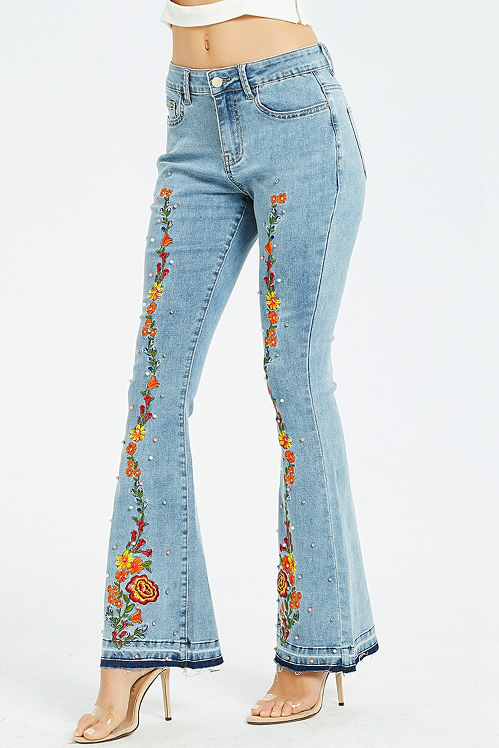 swvws Full Size Flower Embroidery Wide Leg Jeans