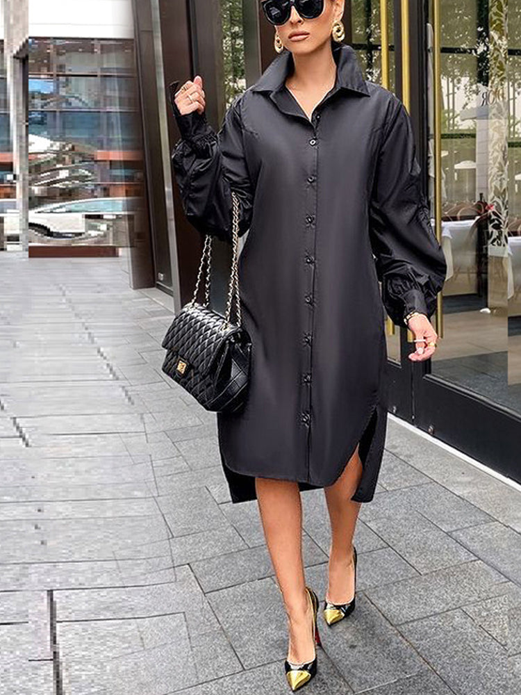 Sixsr Turndown Collar Long Sleeve Shirt Dress