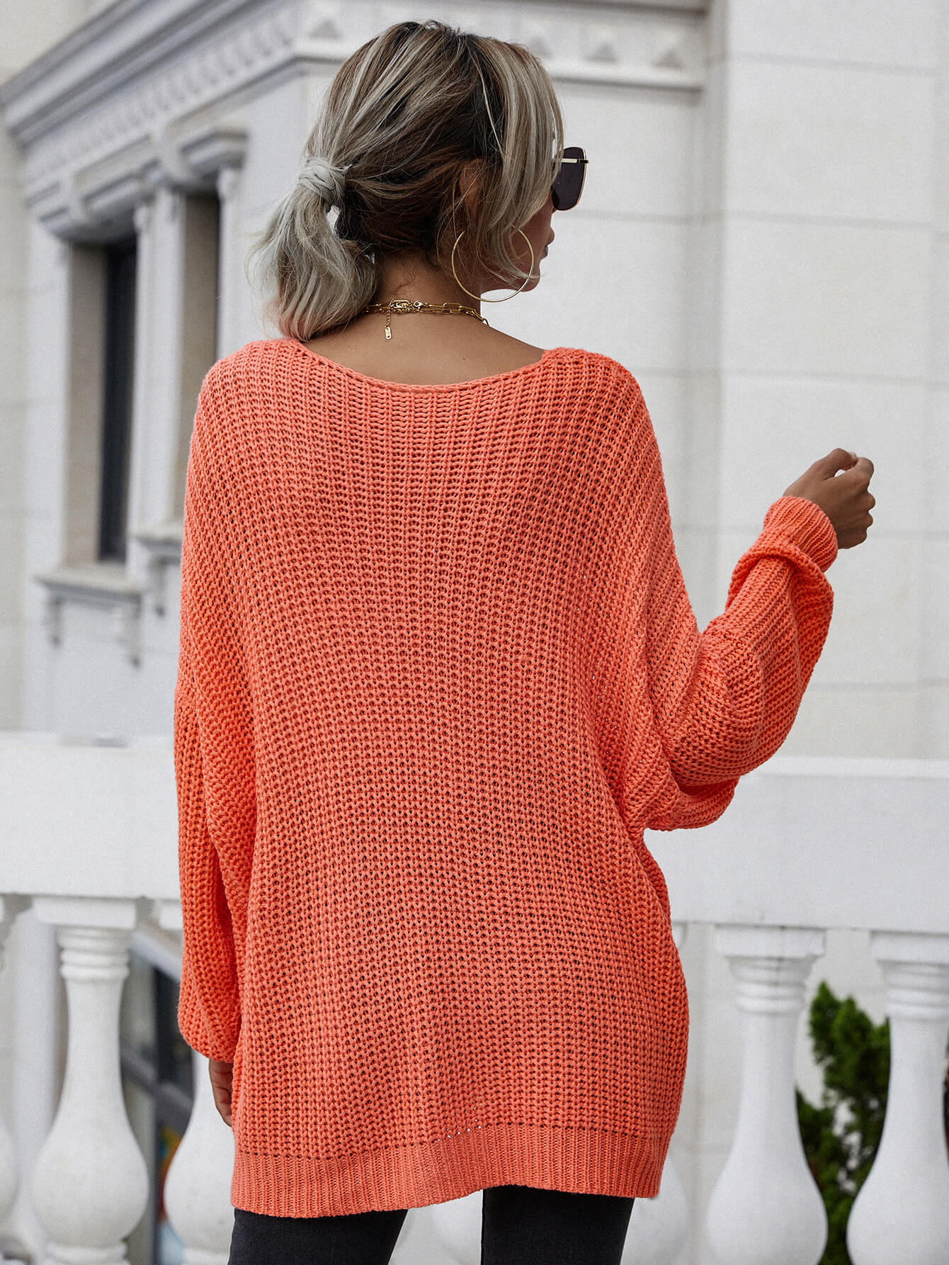 swvws Rib-Knit Drop Shoulder V-Neck Pullover Sweater