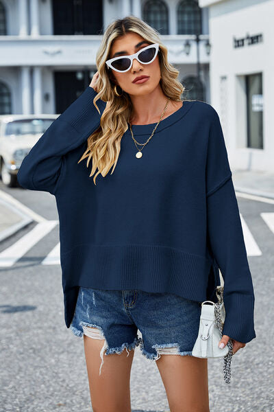 swvws High-Low Slit Round Neck Long Sleeve Sweater