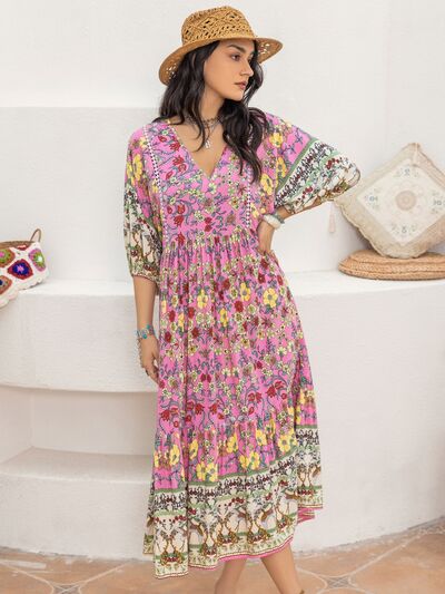 swvws Printed V-Neck Balloon Sleeve Dress