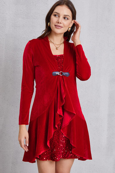 swvws Sequin Ruffle Hem Long Sleeve Mini Dress