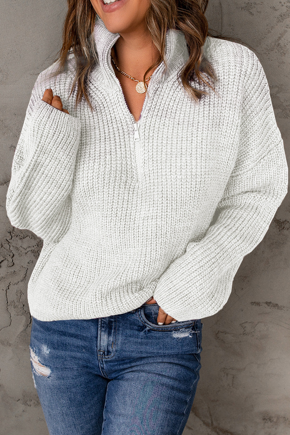 swvws Half Zip Rib-Knit Dropped Shoulder Sweater