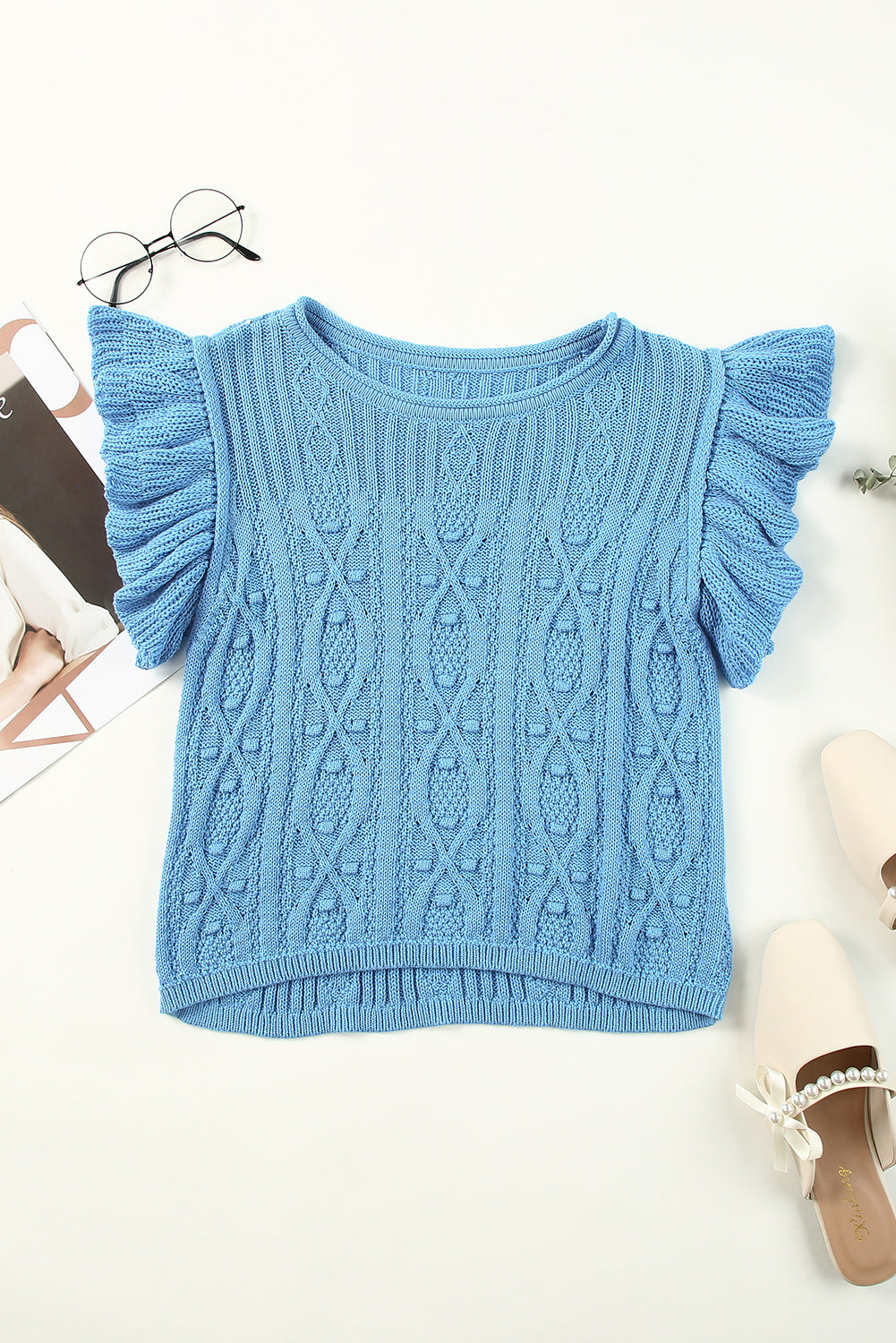 swvws Flutter Sleeve Pompom Detail Knit Top