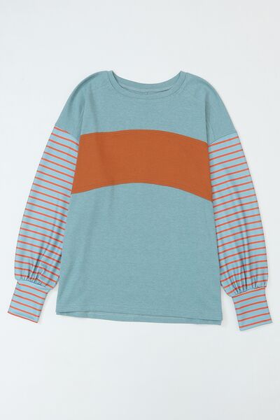 swvws Striped Round Neck Lantern Sleeve Sweatshirt