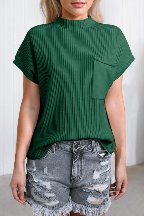 swvws Ribbed Mock Neck Short Sleeve Knit Top