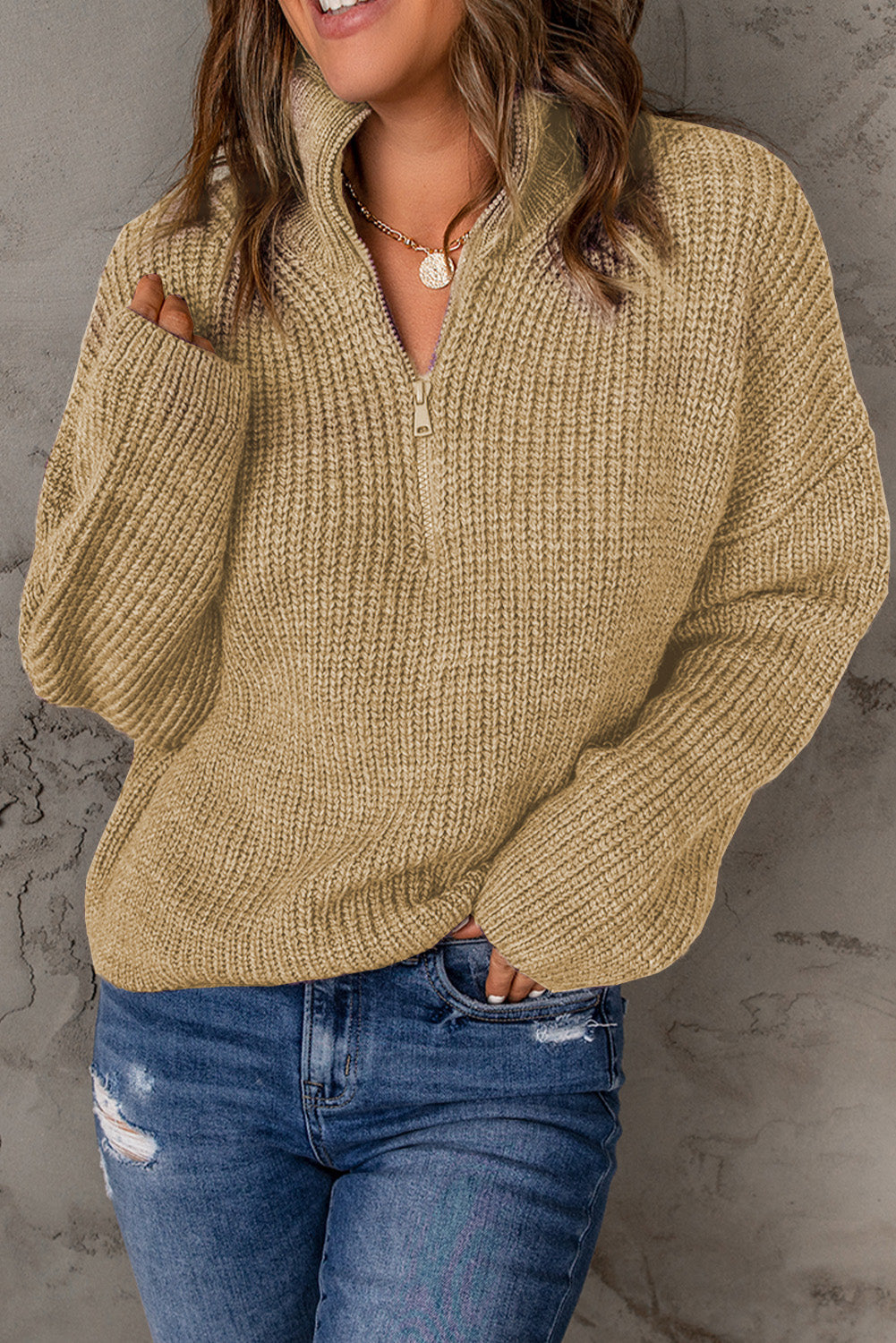 swvws Half Zip Rib-Knit Dropped Shoulder Sweater