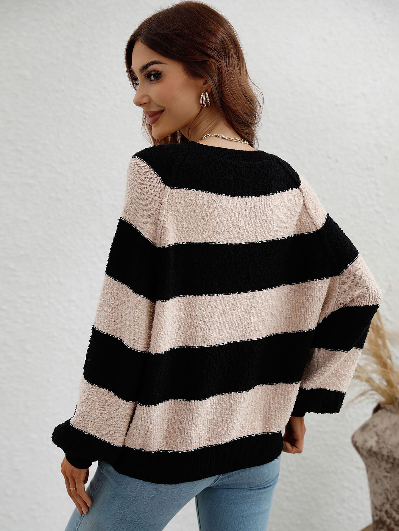 swvws Striped Raglan Sleeve Ribbed Trim Knit Top