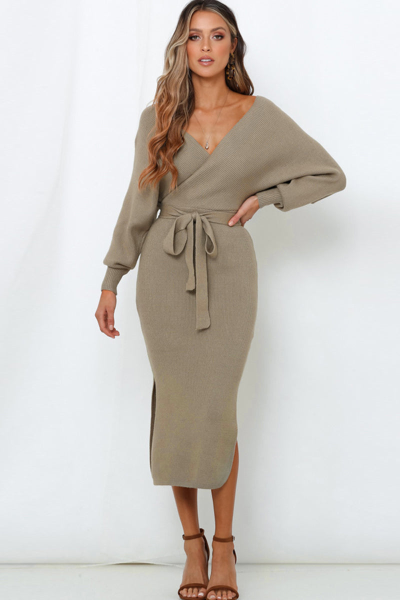 swvws Surplice Neck Bow Waist Slit Sweater Dress