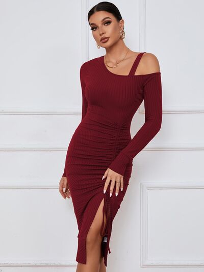 swvws Ribbed Ruched Drawstring Wrap Dress