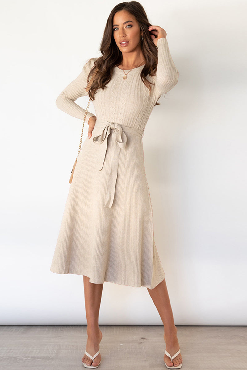 swvws Round Neck Long Sleeve Tie Waist Sweater Dress