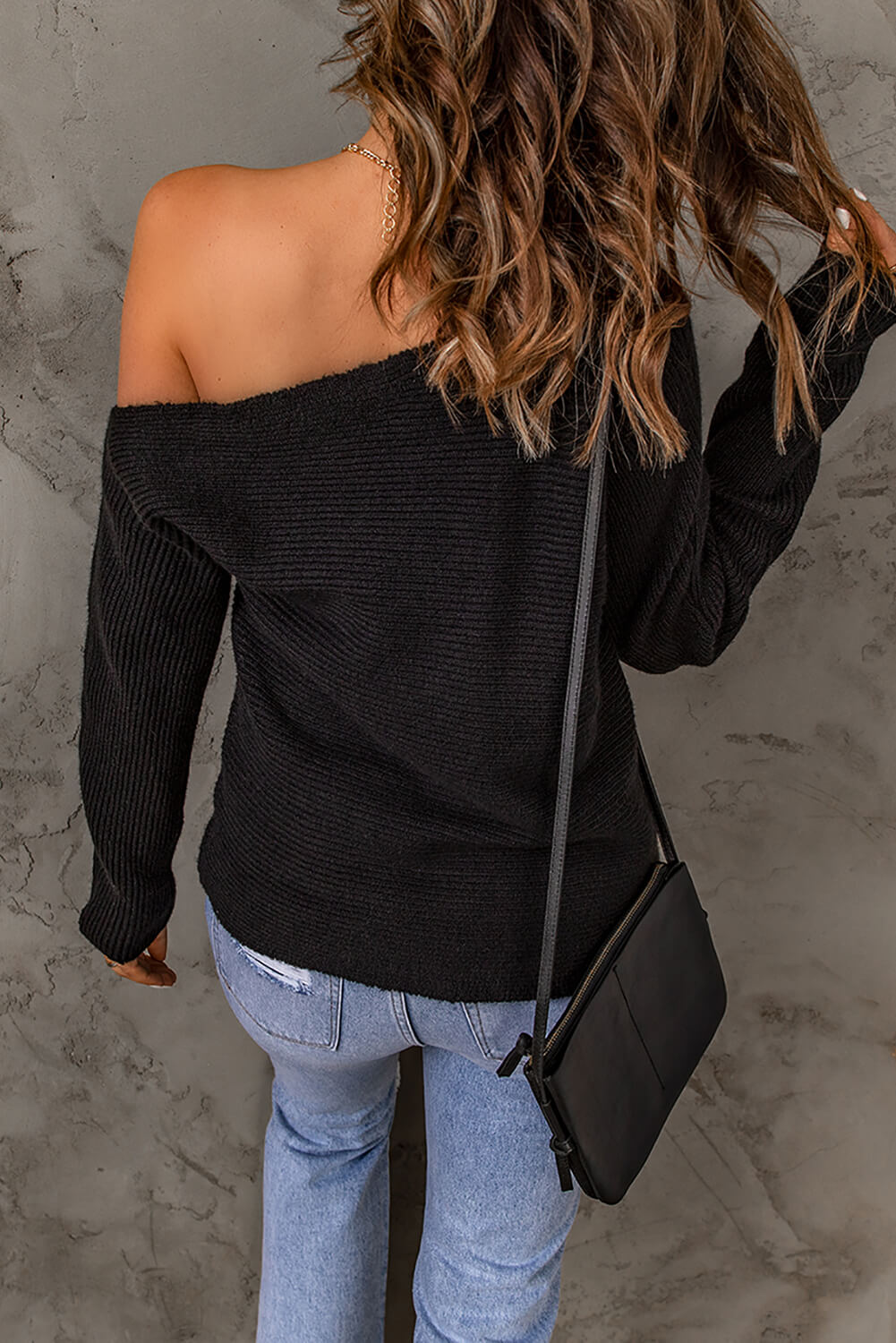 swvws Horizontal Ribbing One-Shoulder Sweater