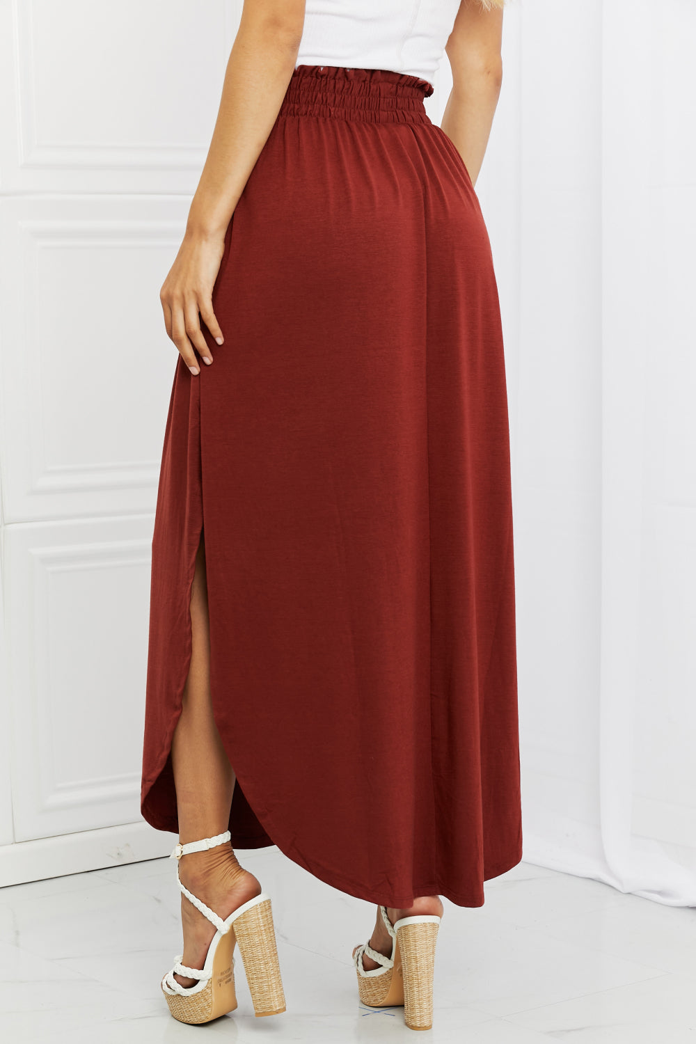 themeisles Zenana It's My Time Full Size Side Scoop Scrunch Skirt in Dark Rust