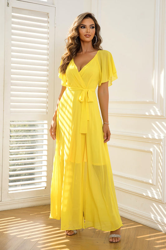 swvws Tie Waist Flutter Sleeve Maxi Dress