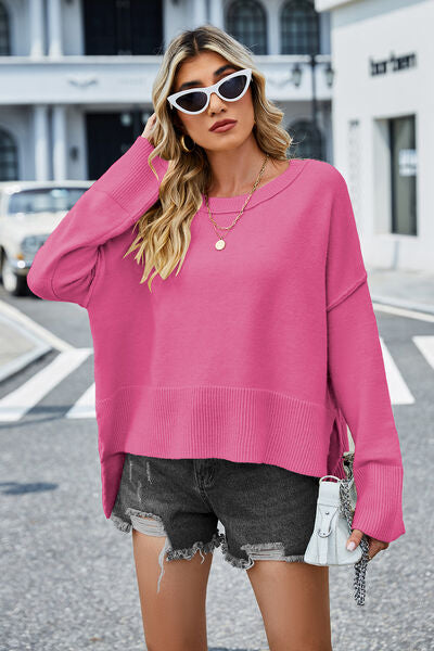 swvws High-Low Slit Round Neck Long Sleeve Sweater