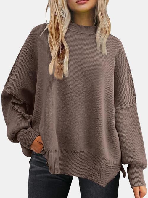 swvws Round Neck Drop Shoulder Slit Sweater