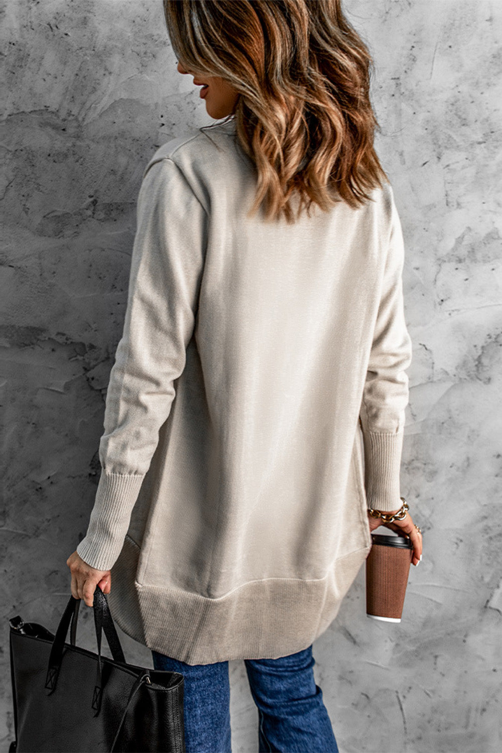 swvws Long Sleeve Ribbed Hem Open Front Longline Cardigan