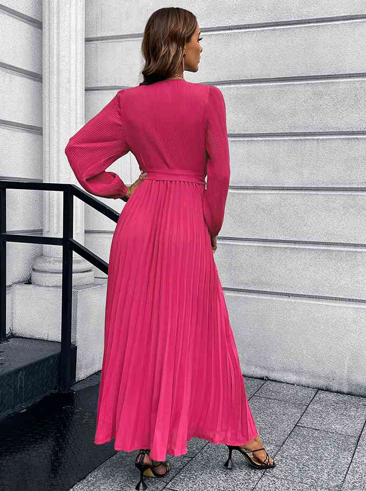 swvws V-Neck Tie Waist Pleated Maxi Dress