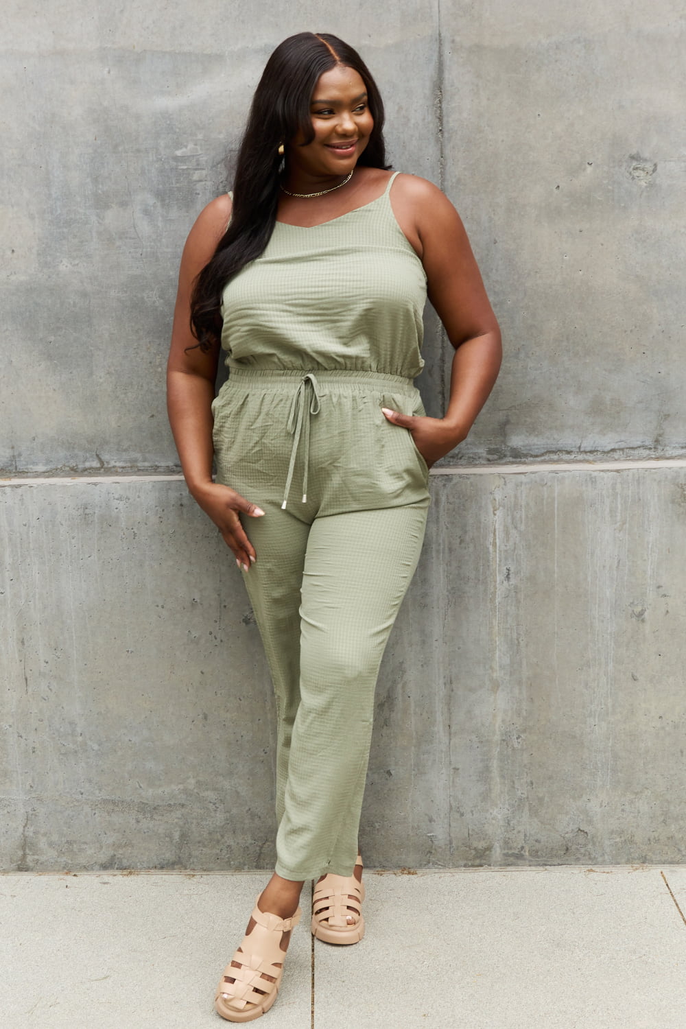 swvws ODDI Full Size Textured Woven Jumpsuit in Sage