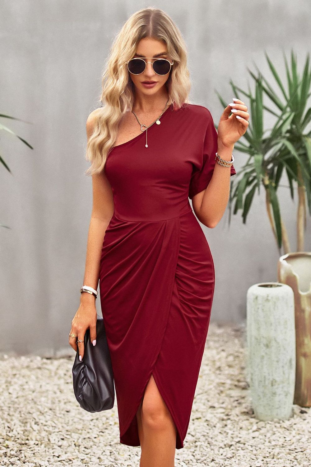 swvws Ruched One-Shoulder Tulip Hem Dress