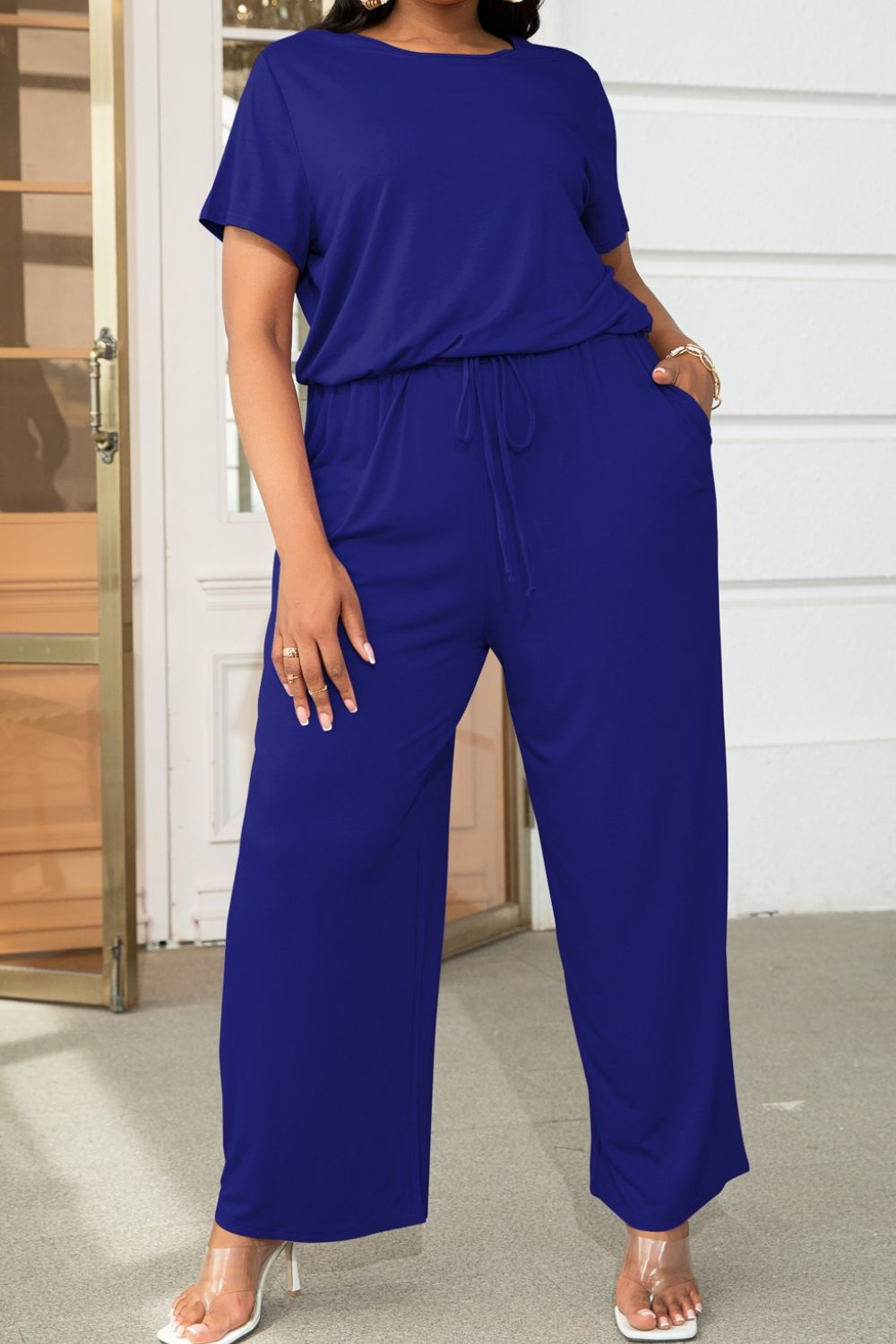 swvws Plus Size Drawstring Waist Short Sleeve Jumpsuit