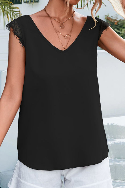 swvws Lace Detail Eyelash Trim V-Neck Tank