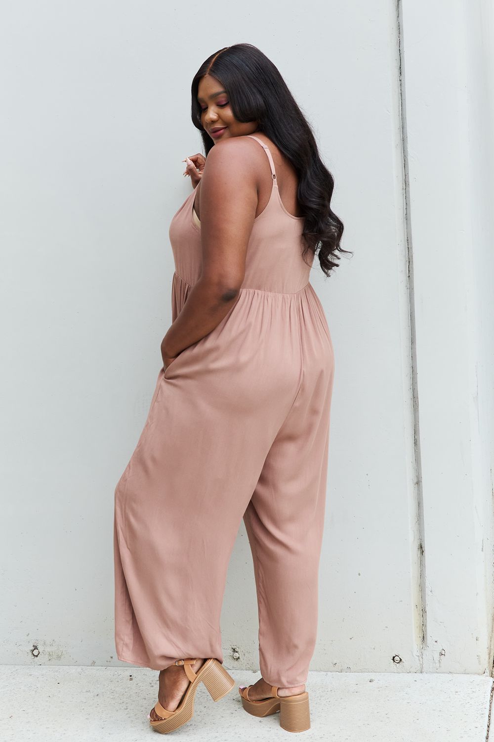 swvws HEYSON All Day Full Size Wide Leg Button Down Jumpsuit in Mocha