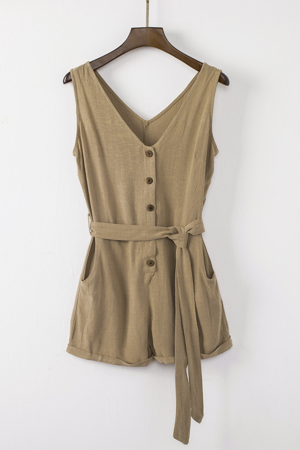 swvws Tie-Waist Buttoned Plunge Sleeveless Romper