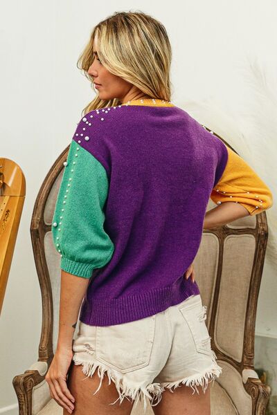 swvws BiBi Color Block Pearl Detail Round Neck Sweater