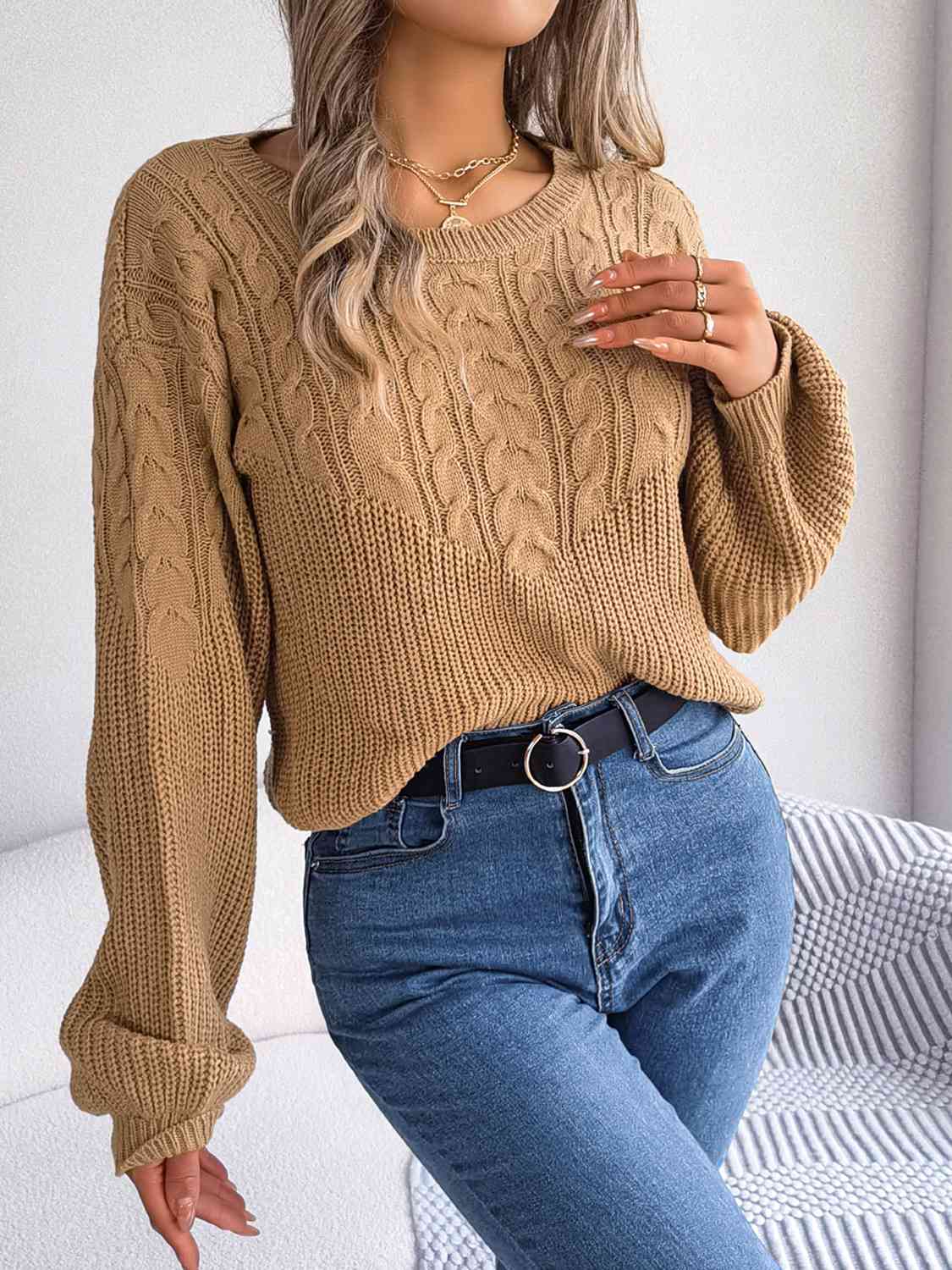 swvws Cable-Knit Round Neck Drop Shoulder Sweater