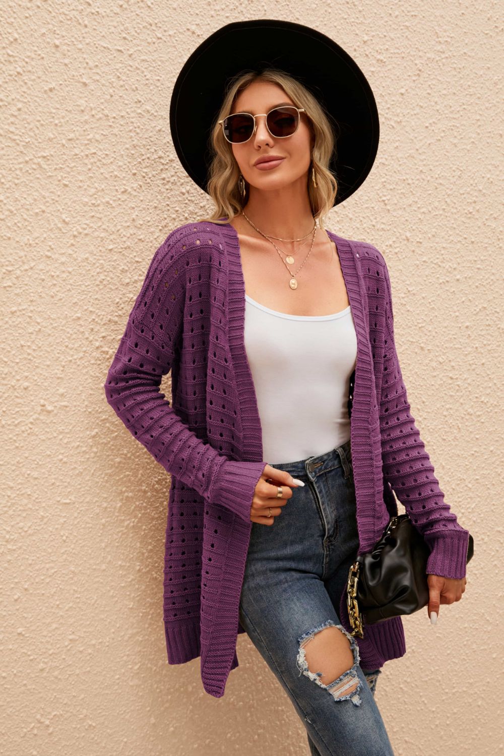 swvws Openwork Horizontal Ribbing Open Front Cardigan