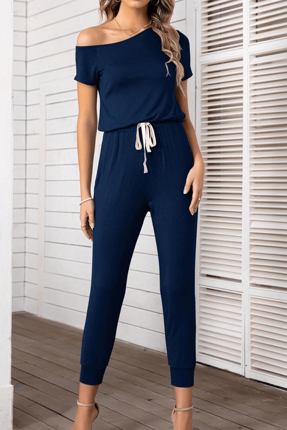 swvws Asymmetrical Neck Short Sleeve Jumpsuit