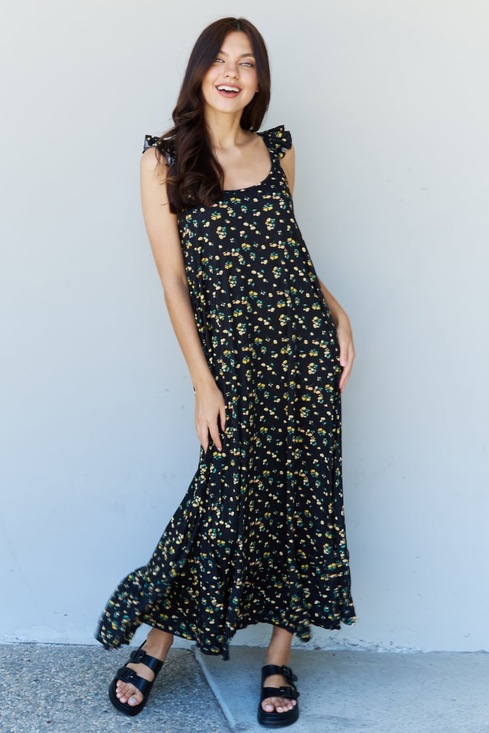 swvws Doublju In The Garden Ruffle Floral Maxi Dress in  Black Yellow Floral