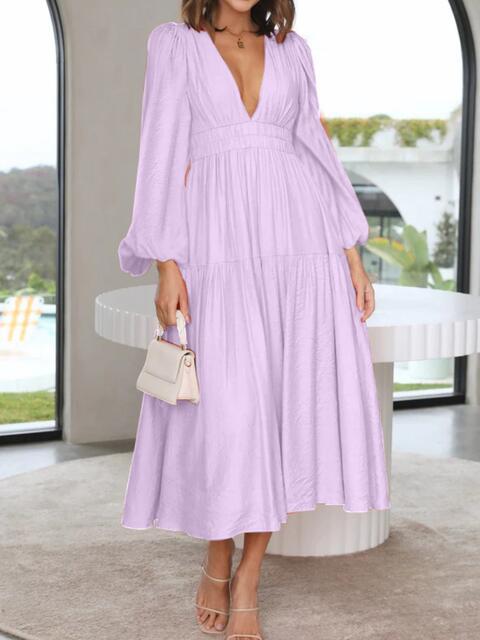 swvws Deep V-Neck Balloon Sleeve Plain Maxi Dress