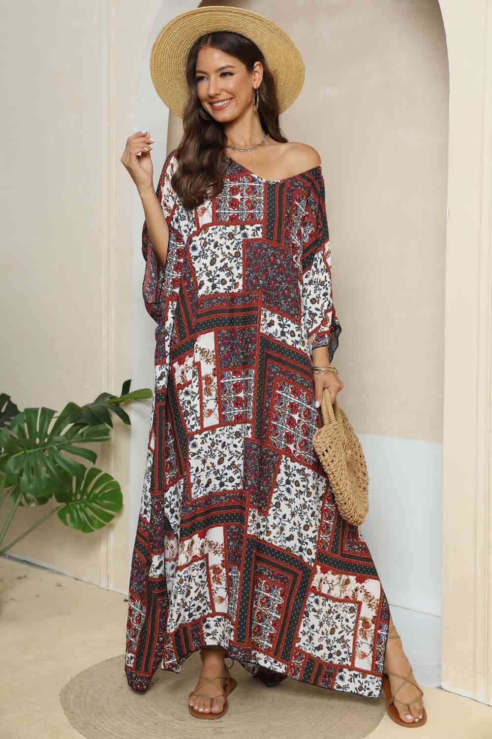 swvws Printed V-Neck Split Maxi Dress