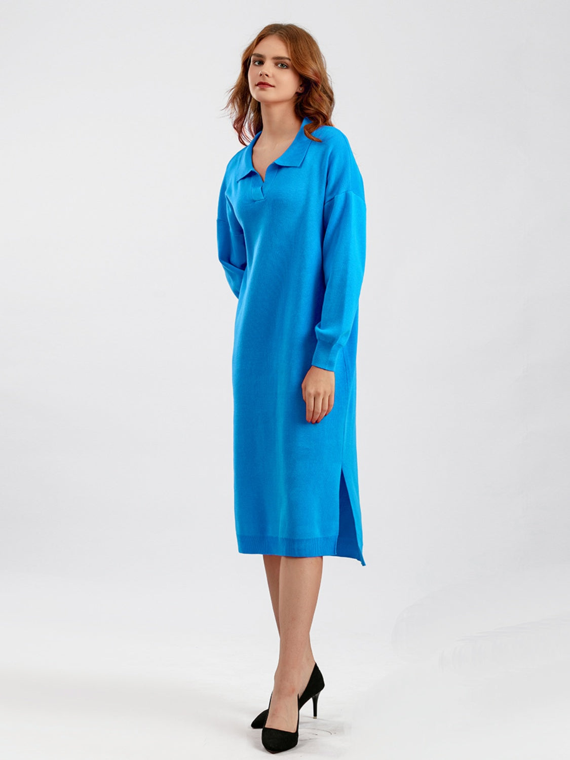 swvws Johnny Collar Long Sleeve Slit Sweater Dress